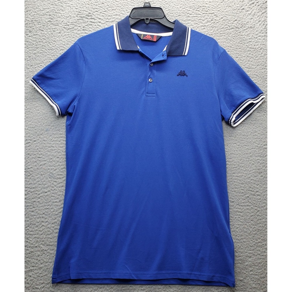 Kappa Polo Shirt Mens XL Blue‎ Ribbed Trim Sleeves & Collared Logo Popover